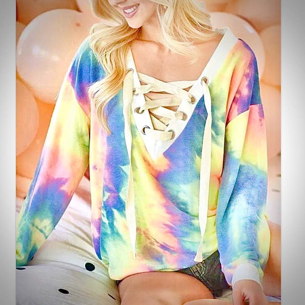 BiBi Multicolor Tie Dye Front Lace-Up Long Sleeve Shirt